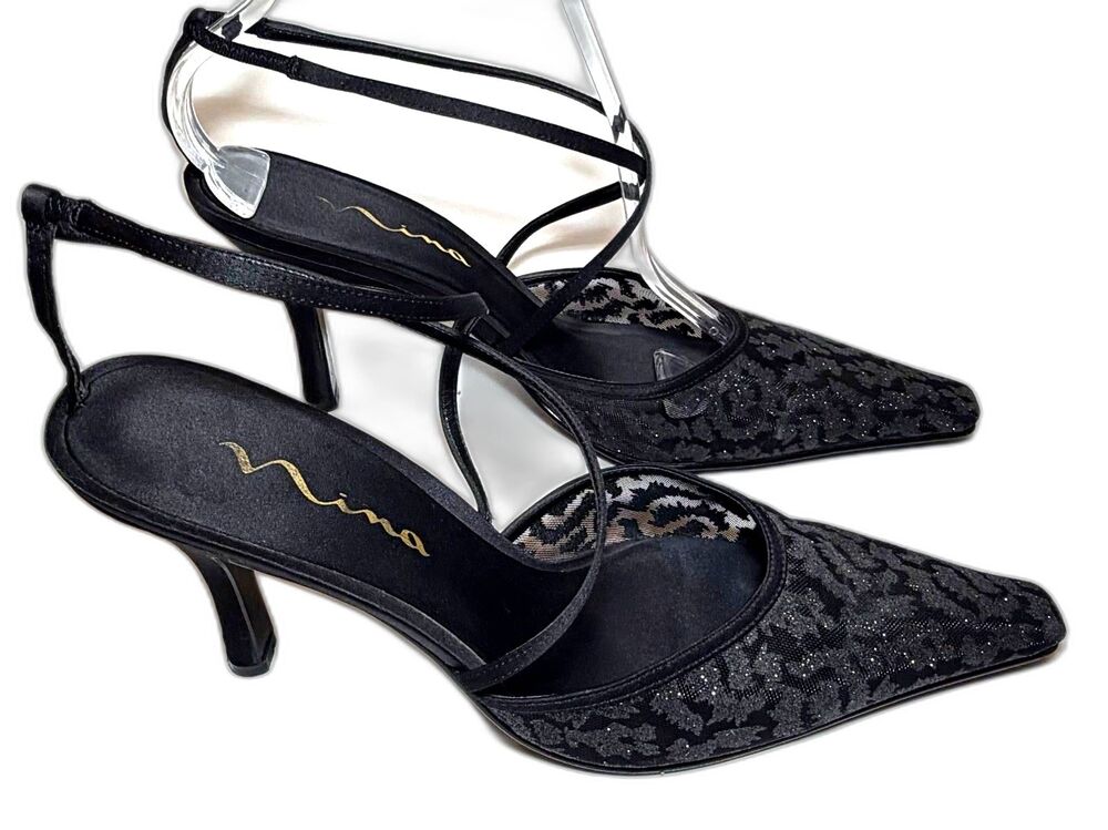 Nina Black Glitter Lace Slingback Pumps Square Toe Mid Heel Dress Shoes 9.5M